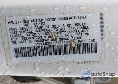 2003 Pontiac Vibe from USA, damaged, VIN 5Y2SL62833Z404495